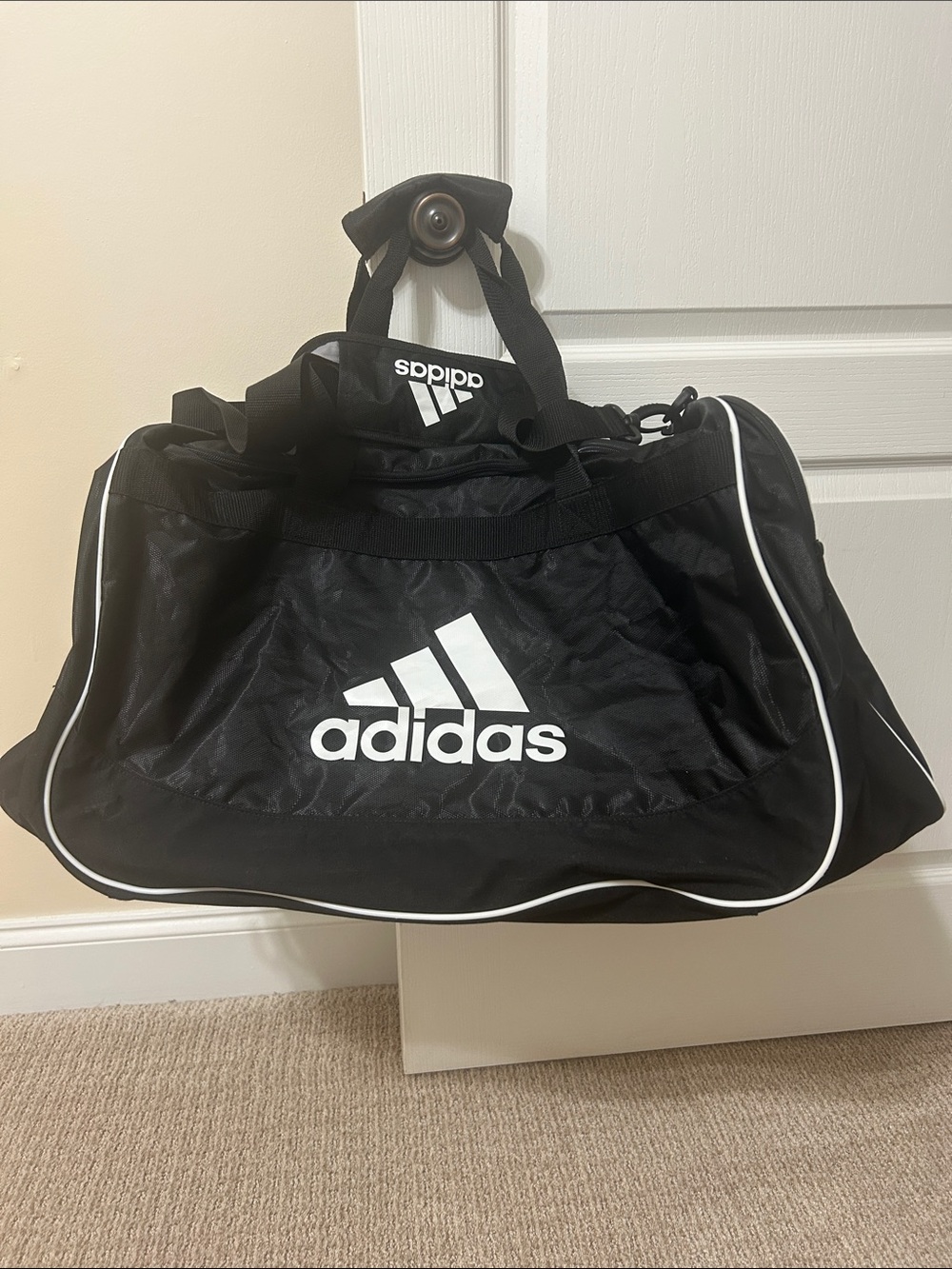 adidas Black Duffel Bag with White Logo and Piping